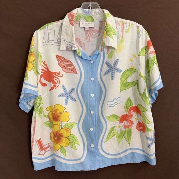 Calypso St. Barth Tops - Calypso St. Barth Coastal Seashell Floral Beach Linen Blend Blouse Sz M Top